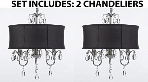 Set Of 2 - Modern Contemporary Black Drum Shade & Crystal Ceiling Chandelier Pendant Lightning Fixture - J10-Black/26032/3-Set Of 2