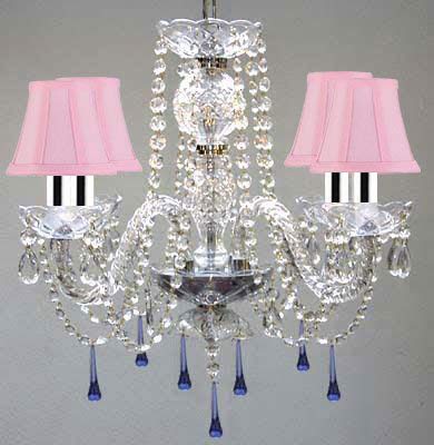 Murano Venetian Style All Crystal Chandelier Lighting W/Blue Crystals w/Chrome Sleeves H17" x W17" With Pink Shade - J10-B43/SC/PINKSHADE/B33/26098/4