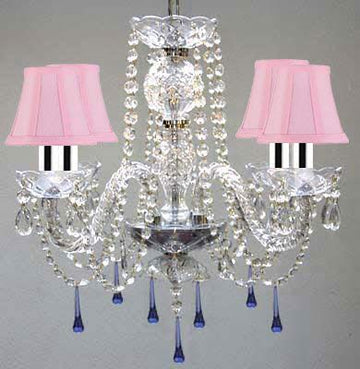 Murano Venetian Style All Crystal Chandelier Lighting W/Blue Crystals w/Chrome Sleeves H17" x W17" With Pink Shade - J10-B43/SC/PINKSHADE/B33/26098/4