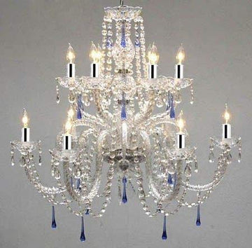 Swarovski Crystal Trimmed Chandelier! Authentic All Crystal Chandelier Chandeliers With Blue Crystals w/Chrome Sleeves! - A46-B43/387/6+6/BLUE SW