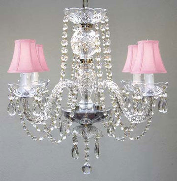 Swarovski Crystal Trimmed Chandelier Chandelier & Pink Shades H17" X W17" - Go-J10-Pinkshades/26098/4Sw