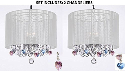 Set Of 2 - Crystal Chandeliers Chandelier With Large White Shade And Sapphire Blue & Pink Crystal Hearts Perfect For Living Room Dining Room Kitchen Kid'S Bedroom - 2Ea G7-B85/B21/White/26028/3
