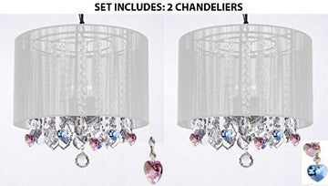 Set Of 2 - Crystal Chandeliers Chandelier With Large White Shade And Sapphire Blue & Pink Crystal Hearts Perfect For Living Room Dining Room Kitchen Kid'S Bedroom - 2Ea G7-B85/B21/White/26028/3