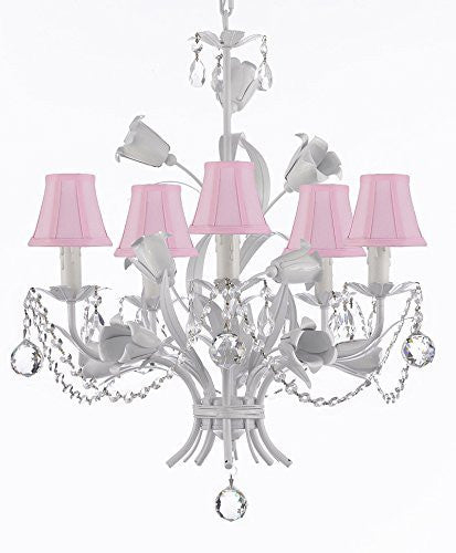 White Wrought Iron Floral Chandelier Empress Crystal (Tm) Flower Chandeliers Lighting H23" X W19" With Pink Shades - J10-Sc/Pinkshade/B6/B52/White/325/5