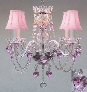 Chandelier Lighting W/ Crystal Pink Shades & Hearts H 17" - Perfect For Kid'S And Girls Bedroom W 17" - J10-B23/Pinkshades/26098/4