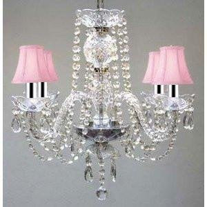 ALL CRYSTAL CHANDELIER CHANDELIERS WITH PINK SHADES H17" X W17" SWAG PLUG IN-CHANDELIER W/14' FEET OF HANGING CHAIN AND WIRE W/CHROME SLEEVES - J10-B43/B15/PINKSHADES/26098/4