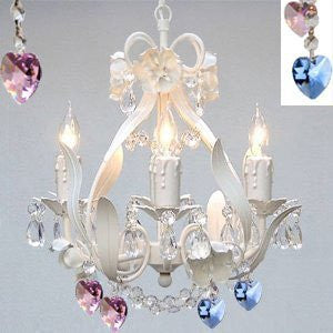 White Iron Crystal Flower Chandelier Lighting W/ Blue And Pink Crystal HeartsSwag Plug In-Chandelier W/ 14' Feet Of Hanging Chain And Wire - Perfect For Boys And Girls Bedroom - J10-B17/B85/B21/White/26027/4