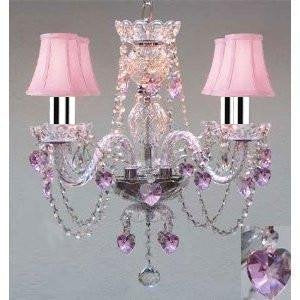 CRYSTAL CHANDELIER W/PINK CRYSTAL HEARTS & PINK SHADES H17" x W17"SWAG PLUG IN-CHANDELIER W/14' FEET OF HANGING CHAIN AND WIRE W/CHROME SLEEVES! - J10-B43/B15/B23/PINKSHADES/26098/4
