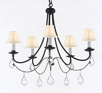 Empress Crystal (Tm) Wrought Iron Chandelier Lighting H.22.5" X W.26" With White Shades Swag Plug In-Chandelier W/ 14' Feet Of Hanging Chain And Wire - J10-B16/Sc/Whiteshades/B7/26031/5