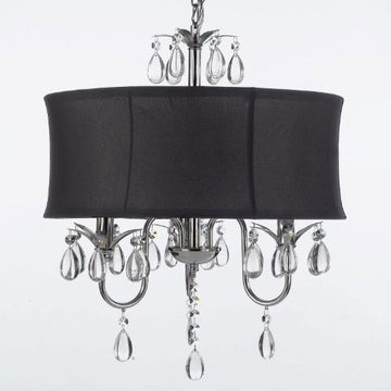Modern Contemporary Black Drum Shade & Crystal Ceiling Chandelier Pendant Lightning Fixture - J10-Black/26032/3