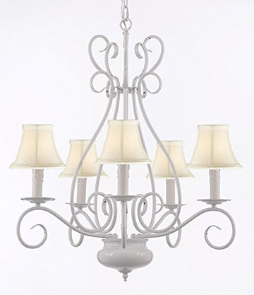 White Wrought Iron Tole Chandeliers Lighting W/ White Shades H 25.5" x W 25.5" - A7-SC/WHITESHADE/WHITE/441/5