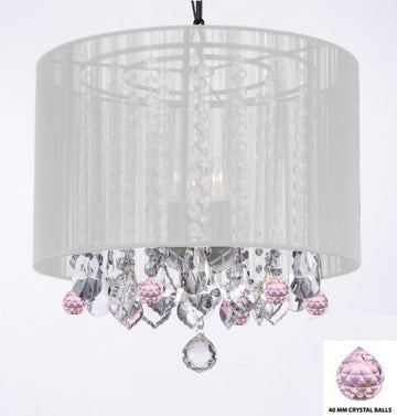 Crystal Chandelier Chandeliers With Large White Shade And Pink Crystal Balls H15" X W15" - Perfect For Kids' And Girls Bedrooms - G7-B76/White/26028/3