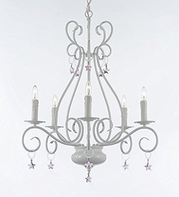 Wrought Iron Chandelier With Pink Stars - P7-/White/B38/441/5