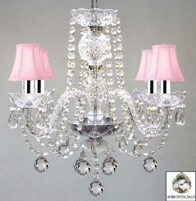 MURANO VENETIAN STYLE ALL CRYSTAL CHANDELIER W/CRYSTAL BALLS AND PINK SHADES W/CHROME SLEEVES! - J10-B43/B6/PINKSHADES/26098/4