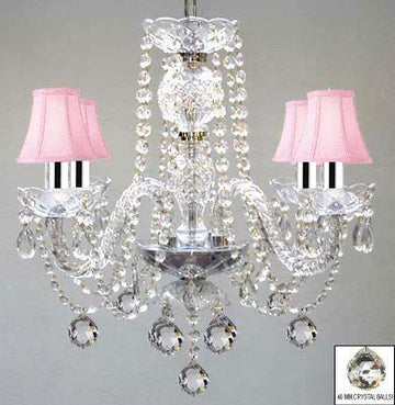 MURANO VENETIAN STYLE ALL CRYSTAL CHANDELIER W/CRYSTAL BALLS AND PINK SHADES W/CHROME SLEEVES! - J10-B43/B6/PINKSHADES/26098/4