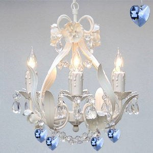 White Iron Crystal Flower Chandelier Lighting W/ Blue Crystal Hearts - Perfect For Boys And Girls Bedroom - J10-B85/White/26027/4