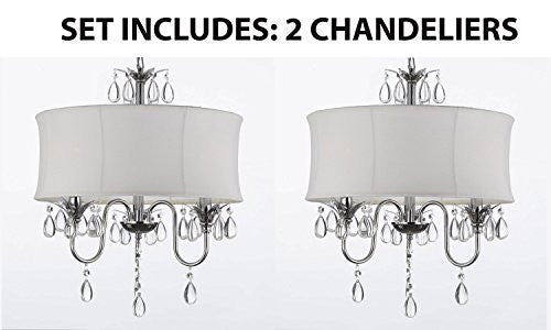 Set Of 2 - White Drum Shade Crystal Ceiling Chandelier Pendant Light Fixture Lighting Lamp - J10-White/26033/3-Set Of 2
