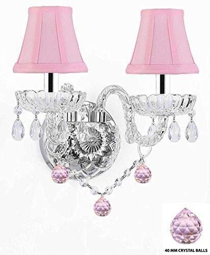 Wall Sconce Lighting with Crystal Pink Balls w/Chrome Sleeves - Perfect for Kids and Girls Bedrooms with Shades! - G46-B43/PINKSHADES/B76/2/386