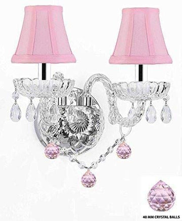 Wall Sconce Lighting with Crystal Pink Balls w/Chrome Sleeves - Perfect for Kids and Girls Bedrooms with Shades! - G46-B43/PINKSHADES/B76/2/386