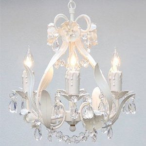 Wrought Iron Floral Chandelier Crystal Flower Chandeliers Lighting H15" X W11" Swag Plug In-Chandelier W/ 14' Feet Of Hanging Chain And Wire - J10-B17/White/Cl/26027/4