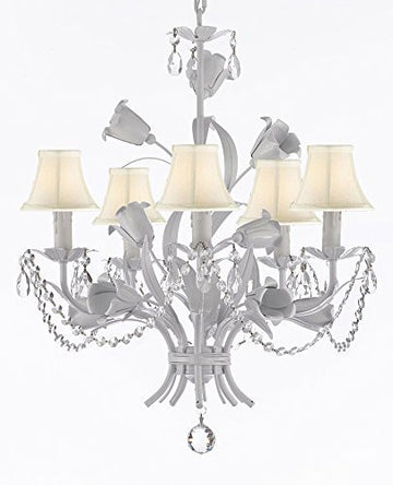White Wrought Iron Floral Chandelier Empress Crystal (Tm) Flower Chandeliers Lighting H19" X W23" With White Shades - J10-Sc/Whiteshade/B39/B52/White/325/5