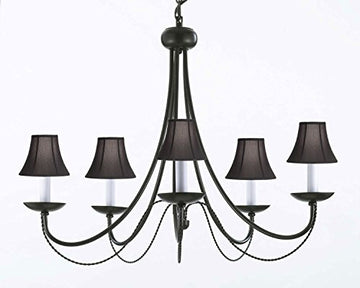 Wrought Iron Chandelier Lighting With Black Shades H22" X W26" Swag Plug In-Chandelier W/ 14' Feet Of Hanging Chain And Wire - J10-Blackshades/B16/26031/5