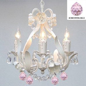 White Iron Crystal Flower Chandelier Lighting W/ Pink Crystal Balls - Perfect For Kid'S And Girls Bedroom - J10-B76/White/26027/4