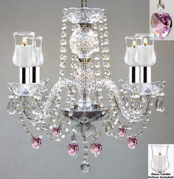 Crystal Chandelier Lighting W/Candle Votives w/Chrome Sleeves! H17" W17" - For Indoor/Outdoor Use! Great for Outdoor Events, Hang from Trees/Gazebo / Pergola/Porch / Patio/Tent ! - J10-B43/B31/B21/26098/4