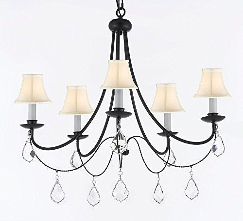 Empress Crystal (Tm) Wrought Iron Chandelier Lighting H.22.5" X W.26" With White Shades - J10-Sc/Whiteshades/B7/26031/5
