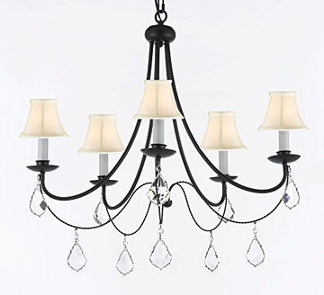 Empress Crystal (Tm) Wrought Iron Chandelier Lighting H.22.5" X W.26" With White Shades - J10-Sc/Whiteshades/B7/26031/5
