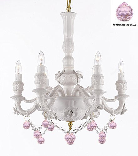Authentic Capodimonte White Porcelain Chandelier Lighting Chandeliers Made in Italy, w/ Roses & Flowers Speciality item, Limited Stock Available W/ Pink Balls Crystals - GB102-B52/B76/WHITE/435/6