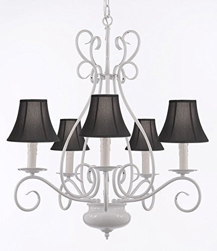 White Wrought Iron Tole Chandeliers Lighting W/ Black Shades H 25.5" X W 25.5" - A7-Sc/Blackshade/White/441/5