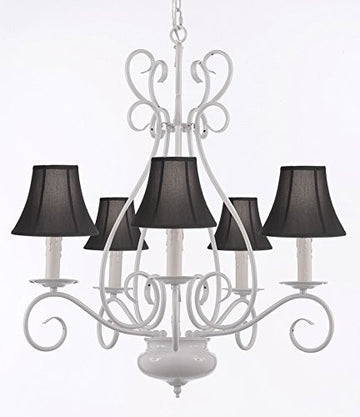 White Wrought Iron Tole Chandeliers Lighting W/ Black Shades H 25.5" X W 25.5" - A7-Sc/Blackshade/White/441/5