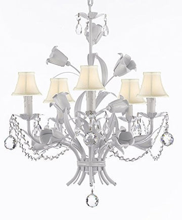 White Wrought Iron Floral Chandelier Empress Crystal (Tm) Flower Chandeliers Lighting H23" X W19" With White Shades - J10-Sc/Whiteshade/B6/B52/White/325/5