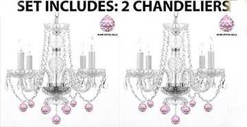 Set Of 2 - Chandeliers Lighting W/ Crystal Pink Balls H 17 - 2Ea J10-B76/26098/4