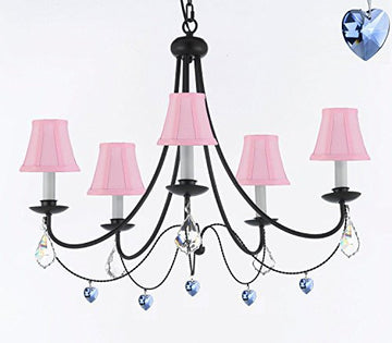 Empress Crystal (Tm) Wrought Iron Chandelier Chandeliers Lighting H.22.5" X W.26" With Blue Heart Crystals And Pink Shades - J10-Sc/Pinkshades/B85/B7/26031/5