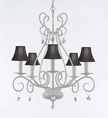 Wrought Iron Chandelier With Pink Hearts With Black Shades - P7-Sc/White/B21/441/5/Blackshade