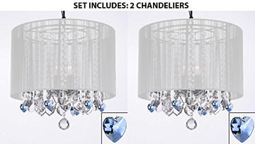 Set Of 2 - Crystal Chandeliers Chandelier With Large White Shade And Blue Crystal Hearts H15 - 2Ea G7-B85/White/26028/3