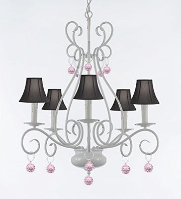 Wrought Iron Chandelier With Pink Balls With Black Shades - P7-Sc/White/B76/441/5/Blackshade