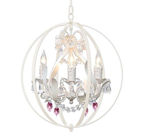 White Wrought Iron Floral Crystal Flower Chandeliers Lighting W/ Pink Crystal Hearts H 17.5" W 17.5" - Placed Inside Of an Orb - Perfect For Kids' And Girls Bedrooms Kitchen And More - J10-B65/B21/White/26027/4