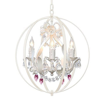 White Wrought Iron Floral Crystal Flower Chandeliers Lighting W/ Pink Crystal Hearts H 17.5" W 17.5" - Placed Inside Of an Orb - Perfect For Kids' And Girls Bedrooms Kitchen And More - J10-B65/B21/White/26027/4