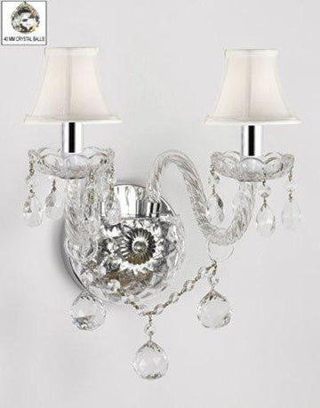 Murano Venetian Style All-Crystal Wall Sconce with Crystal Balls and - with White Shades and W/Chrome Sleeves! - G46-B43/WHITESHADES/B6/2/386