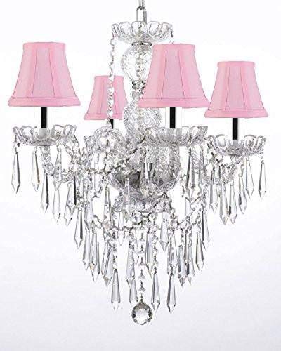 Authentic All Crystal Chandelier Chandeliers Lighting W/Crystal Icicles! and - with Shades & w/Chrome Sleeves! H22" x W17" - J10-B43/PINKSHADES/B27/3/26098/4