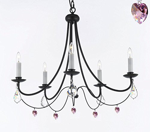 Empress Crystal (Tm) Wrought Iron Chandelier Lighting H.22.5" X W.26" With Pink Heart Crystals - J10-B21/B7/26031/5