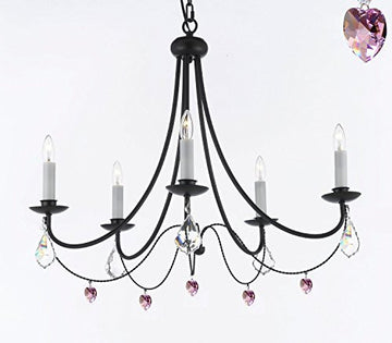 Empress Crystal (Tm) Wrought Iron Chandelier Lighting H.22.5" X W.26" With Pink Heart Crystals - J10-B21/B7/26031/5