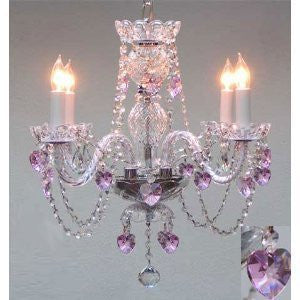 Crystal Chandelier Lighting With Pink Crystal Hearts H17" X W17" Swag Plug In-Chandelier W/ 14' Feet Of Hanging Chain And Wire - Perfect For Kid'S And Girls Bedroom - J10-B15/B23/26098/4