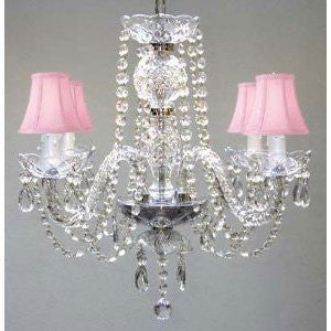 All Crystal Chandelier With Pink Shades H17" X W17" Swag Plug In-Chandelier W/ 14' Feet Of Hanging Chain And Wire - J10-B15/Pinkshades/26098/4