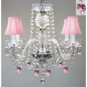 Chandelier Lighting W/ Crystal Pink Shades & Hearts H 17" W 17" Swag Plug In-Chandelier W/ 14' Feet Of Hanging Chain And Wire - Perfect For Kid'S And Girls Bedroom - J10-B15/B21/Pinkshades/26098/4 Sw