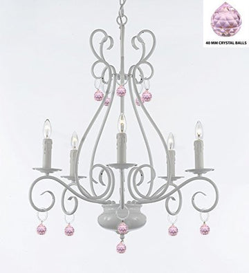 Wrought Iron Chandelier With Pink Balls - P7-/White/B76/441/5