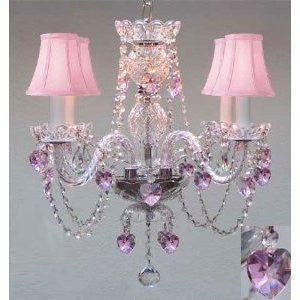 Crystal Chandelier W/ Pink Crystal Hearts & Pink Shades H17" X W17"Swag Plug In-Chandelier W/ 14' Feet Of Hanging Chain And Wire - J10-B15/B23/Pinkshades/26098/4